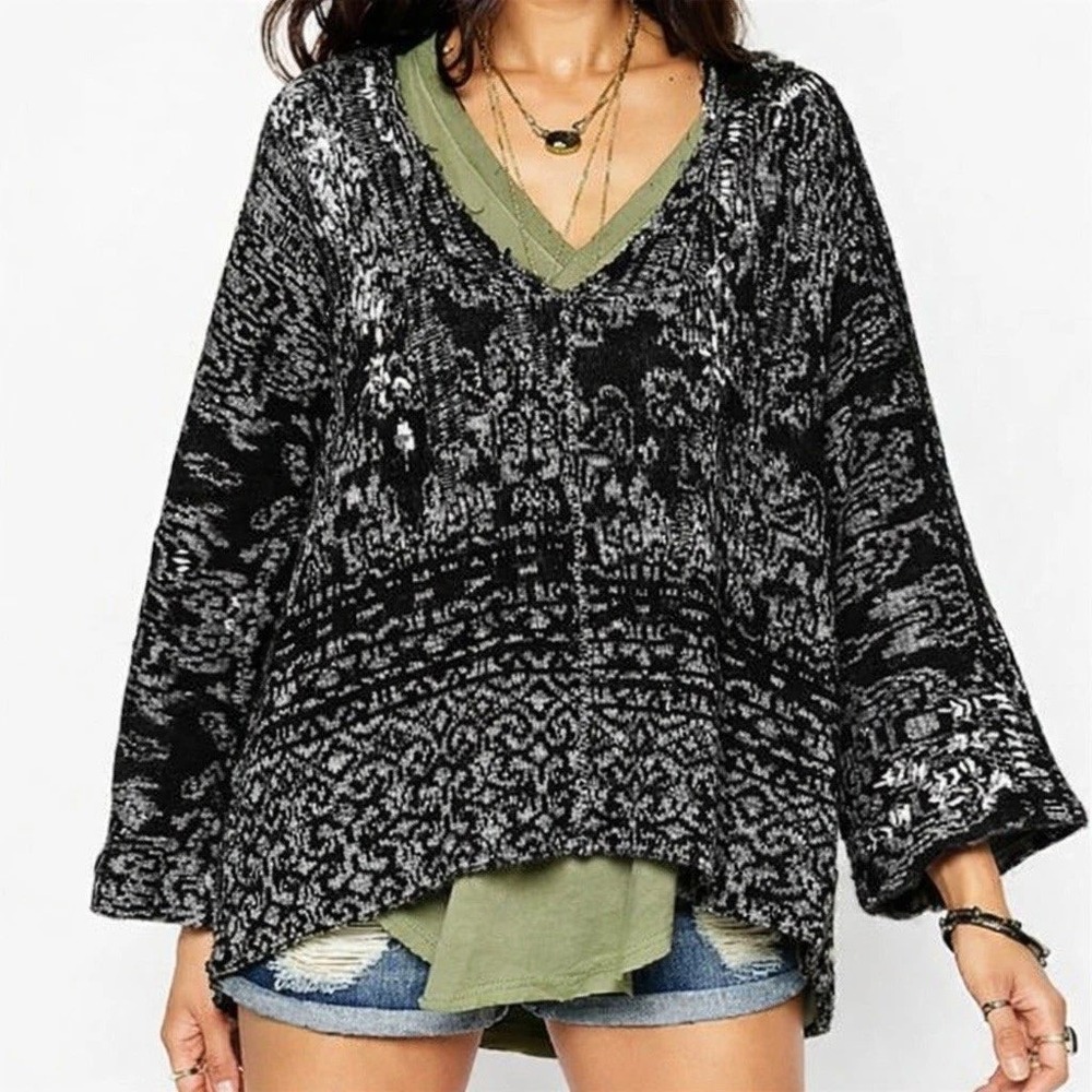 Free People Hoodie Sweater Raggy Wool Blend Oversized Boho Slouchy Black White L